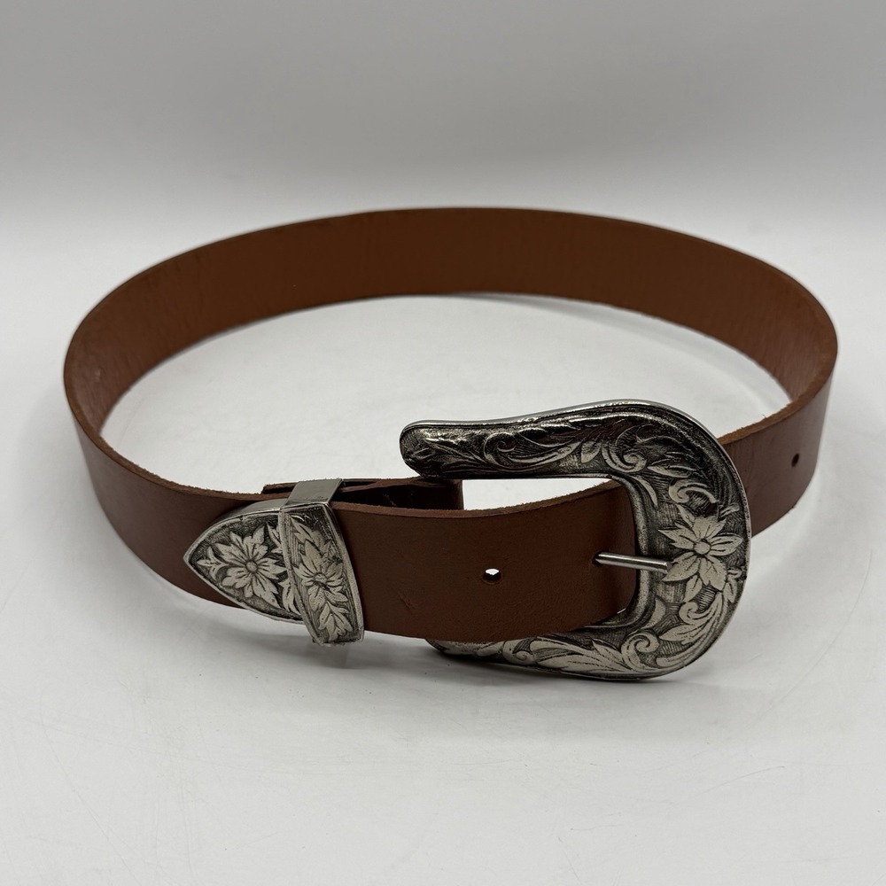 Vintage Capezio Brown Leather Belt Western Boho Floral Silver Buckle Measure 36"